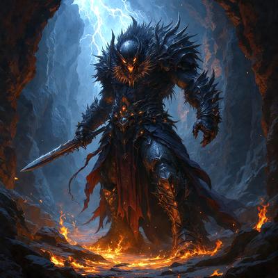 The primary subject of the image is a fantasy character, possibly a demon or a warrior, standing in a cave with a fiery background. The setting is a dark, rocky environment, and the visual style appears to be a digital art or illustration. The colors and mood of the image are intense and dramatic, with the fiery background creating a sense of danger and excitement.